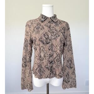 Vintage Y2K Sheer Lace Floral Blouse Brown Romantic Gothic Button Up Top